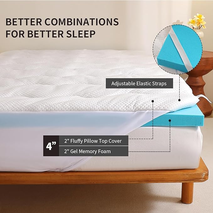 4 inch Dual Layer Twin Mattress Topper for Back Pain Relief，2 Inch Cooling Gel Memory Foam Plus 2 Inch Pillow Top Mattress Pad Cover 15% Viscose Made from Bamboo, with 6-16 Inch Deep Pocket (Twin)