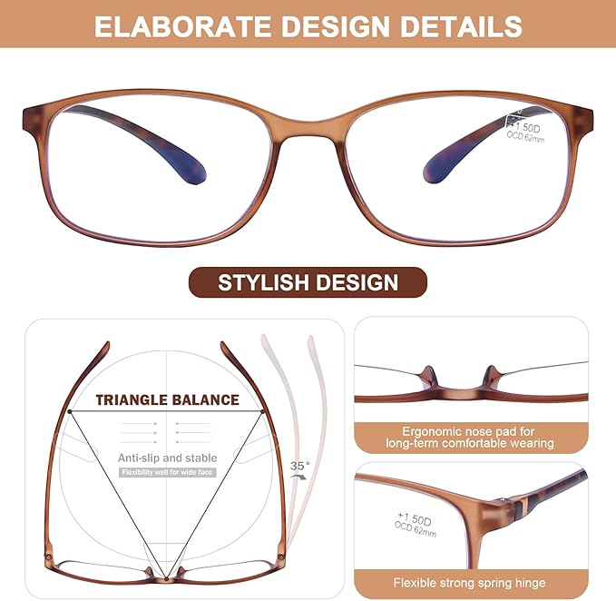 AQWANO Computer Reading Glasses Women Men 3.0 Blue Light Blocking - Comfortable Lightweight TR90 Flexible Frame Anti Glare Eye Strain Readers, No Rubber Arms