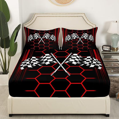 Extreme Sports Theme Fitted Sheet Queen Size,Checkered Flag Soft Bed Cover(1 Fitted Sheet+1 Pillow Case),Red Honeycomb Geometric Breathable Mattress Cover No Flat Sheet