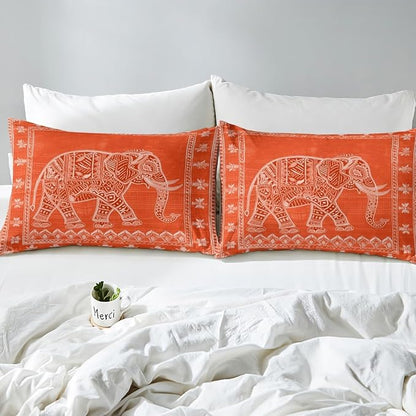 Native American Indian Style Kids Sheet Queen Size,Exotic Elephant Bohemia Bedding Set,Boys Girls Room Decor,Geometric Flowers Trippy Boho Orange Bed Sheet Set 4pcs(Fitted + Flat + 2 Pillowcases)