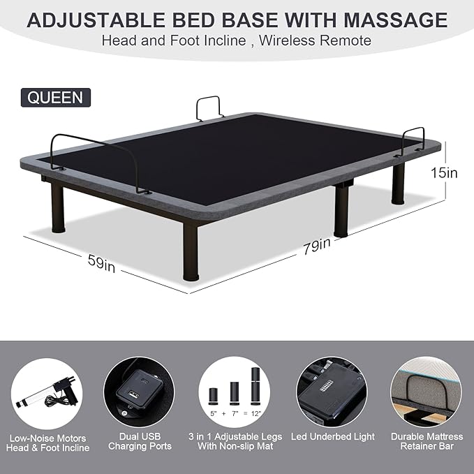 Vipbear Queen Adjustable Beds with Thickened Frame, Adjustable Bed Frame with with Wireless Remote, Separate Head/Foot Lift, Massage, Zero Gravity,USB Ports, Adjustable Bed Bases with Sturdy Metal