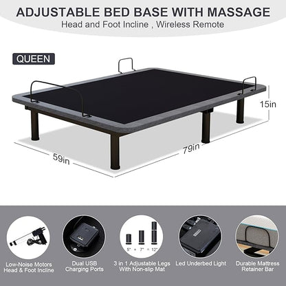 Vipbear Queen Adjustable Beds with Thickened Frame, Adjustable Bed Frame with with Wireless Remote, Separate Head/Foot Lift, Massage, Zero Gravity,USB Ports, Adjustable Bed Bases with Sturdy Metal