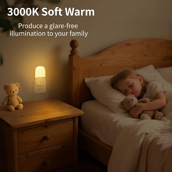 Dimmable Night Light Plug in with On/Off Switch, Auto Dusk to Dawn Sensor LED Nightlights, Adjustable Brightness (Warm White) for Bathroom, Hallway, Kids Room, Stairs (1 Pack)