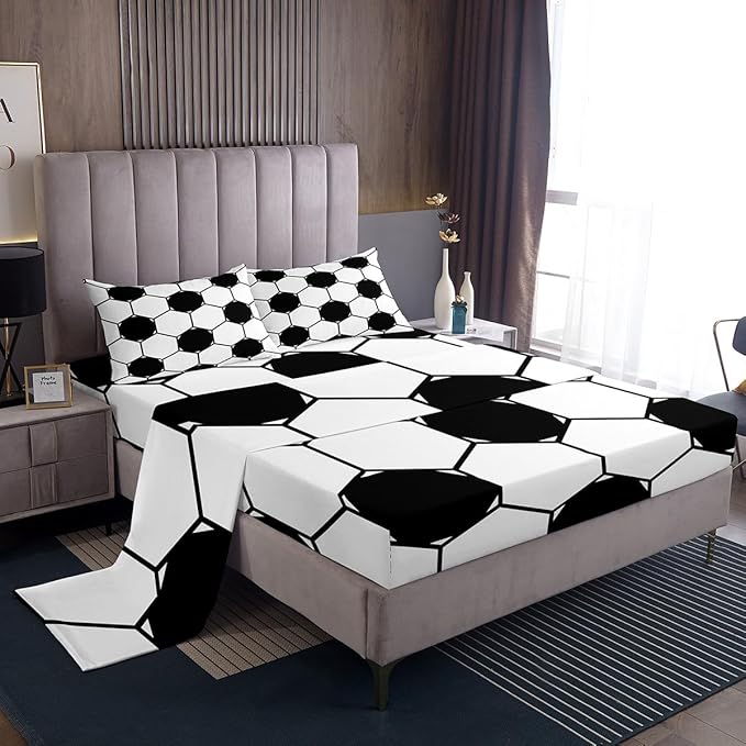 Manfei Football Kids Sheet Set Queen Size, Black and White Soccer Bed Sheet Set 4pcs (Fitted Sheet, Flat Sheet, 2 Pillowcases), Geometric Hexagon Honeycomb Bedding Set for Boys Teens Room Decor