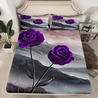 Manfei Purple Roses Bed Sheet Set 2 Pillowcases,Romantic Blooming Flowers Sheets Set,Aesthetic Natural Mount Paint Sheet Sets with Deep Pocket,Top Flat Sheet,King Size