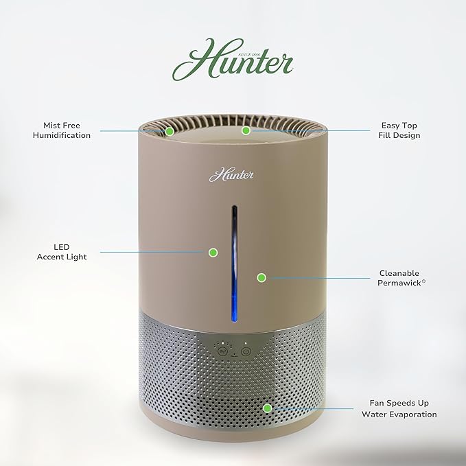 HHE150 Hunter Aspire 4.8L Evaporative Humidifier with PermaWick Filter (4.8L) - Remove Contaminants & White Dust for Clean Mist & Air – Medium Humidifier for Home, Bedroom, or Dorm - Taupe