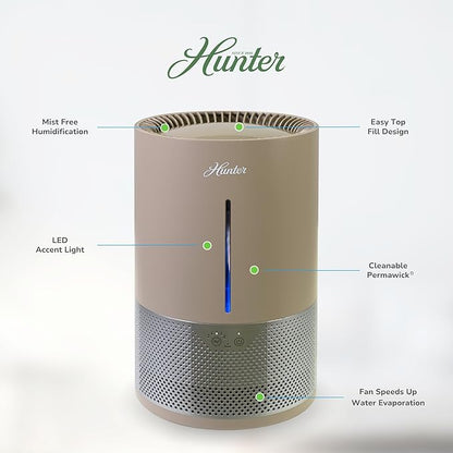 HHE150 Hunter Aspire 4.8L Evaporative Humidifier with PermaWick Filter (4.8L) - Remove Contaminants & White Dust for Clean Mist & Air – Medium Humidifier for Home, Bedroom, or Dorm - Taupe