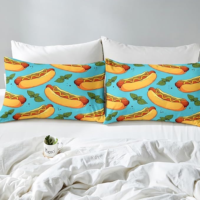 Manfei Fast Food Sheet Set Queen Size, American Cartoon Hot Dog Hamburg Bedding Set for Kids Boys Girls Room Decor, Creative Abstract Bed Sheet Set 4pcs (Fitted Sheet, Flat Sheet, 2 Pillowcases)