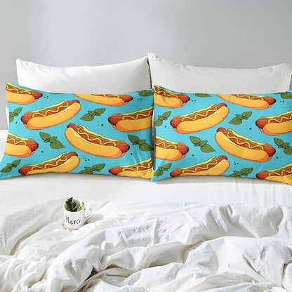 Manfei Fast Food Sheet Set King Size, American Cartoon Hot Dog Hamburg Bedding Set for Kids Boys Girls Room Decor, Creative Abstract Bed Sheet Set 4pcs (Fitted Sheet, Flat Sheet, 2 Pillowcases)