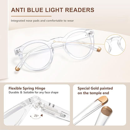 EASY READ Retro Round Blue Light Blocking Reading Glasses for Women,Anti UV Readers for Women with Spring Hinge