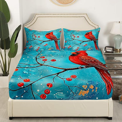 Red Bird Fitted Sheet King Size 4 Pcs,Winter Plum Blossom Garden Parrot Teens Sheets,Rustic Farmhouse Animal Natural Blue Bedding Sets (1 Fitted,1 Flat,2 Pillowcases)