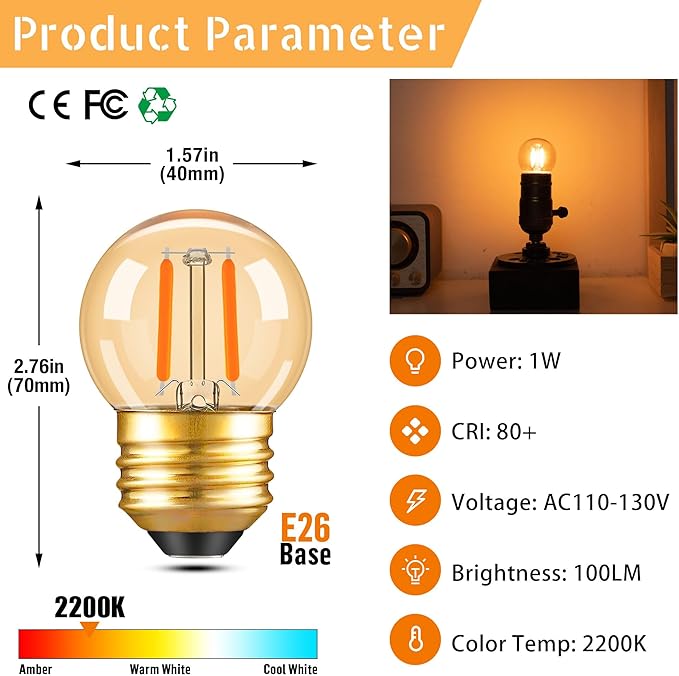 G40 LED Low Watt Light Bulbs Warm Glow E26 Amber 1W 10 Watt Light Bulb,Low Lumen Light Bulb Small Edison Short Decorative Light Bulbs for Lamp,Bedroom,Warm White 2200K 100LM,Non Dimmable,PACK of 6