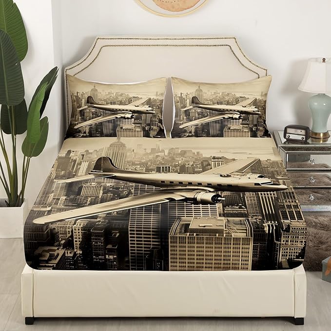 3D Airplane Kids Fitted Sheet Queen Size,Aviation Aircraft Flying Plane Retro Bedding Set,Boys Girls Room Decor,High Building Modern Fashion Bed Cover,Brown Bed Sheet,2 Pillowcases