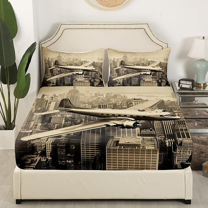 3D Airplane Kids Fitted Sheet Twin Size,Aviation Aircraft Flying Plane Retro Bedding Set,Boys Girls Room Decor,High Building Modern Fashion Bed Cover,Brown Bed Sheet,1 Pillowcase