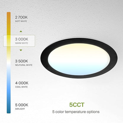 ASD 1 Pack 8 Inch LED Recessed Light 20W, 5 CCT 2700K-5000K CRI90+, IC Rated Ultra Thin Dimmable Ceiling Lights with J Box, Canless Wafer Downlight, Round Slim Panel Lighting, UL Listed, Black