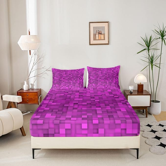 Pixel Grid Kids Queen Size Fitted Sheet,Pixelated Video Game Gamepad Boys Girls Bed Sheets,Geometric Square Gaming Room Decor,Red Bedding Set,2 Pillowcases(No Flat)