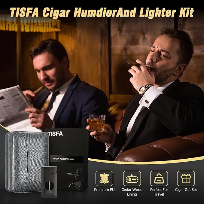 TISFA Cigar Humidor Case Leather Cedar Wood Lined Cigar Box with Cigar Lighter, V Cutter, Holder Stand 3 in 1, Hygrometer Humidifier 2 in 1, Travel Humidor Cigar Case Hold 6 Cigars (Textured Gray)