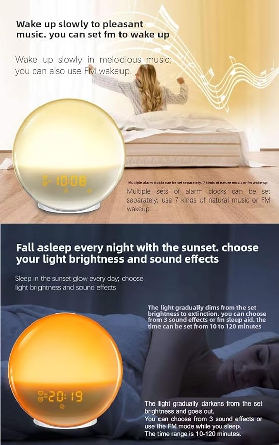 Smart Sunrise Alarm Clock: Simulated Sunrise & Sunset Wake-Up Light with APP/Voice Control, 7 Colour Night Light & 7 Soothing Sounds/FM, Natural Wake and Sleep Aid, Bedside Lamp Gift
