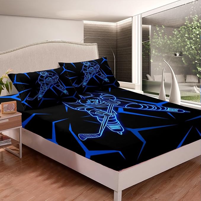 Manfei Ice Hockey Player Kids Sheet Full Size,Geometric Triangles Lines Bedding Set,Boys Girls Room Decor,Winter Competition Sports Games Blue Black Bed Sheet Set 4pcs(Fitted + Flat + 2 Pillowcases)
