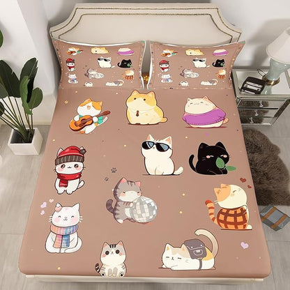 Kids Bedding Cute Cats Fitted Sheet Twin Size,Watercolor Cat Aniaml Cartoon Bedding All-Round Elastic Pocket,Colorful Cat Paw Print Bed Sheet 2 Pieces Fits Mattress