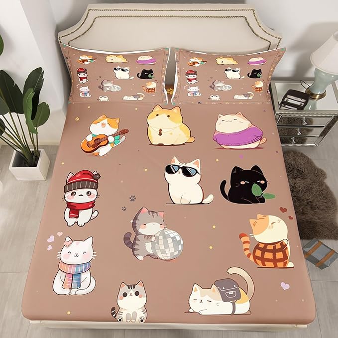Kids Bedding Cute Cats Fitted Sheet Full Size,Watercolor Cat Aniaml Cartoon Bedding All-Round Elastic Pocket,Colorful Cat Paw Print Bed Sheet 3 Pieces Fits Mattress