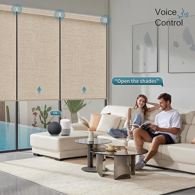 Motorized Shades with Remote,100% Blackout Smart Shades Work with Homekit, Alexa, Google Home, Remote Control, Electric Blinds with USB/Solar Pannel Charging, Linen Caramel