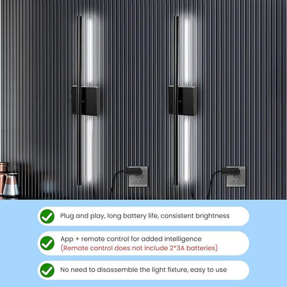 Lichaser Plug-in Black Wall Sconces for Acoustic Wood Panels, WiFi LED Sconce Lights Compatible with Alexa and Smart App, 3000K-6500K Color Temperature Adjustment, for Slat Wall Panels (Set of 2)