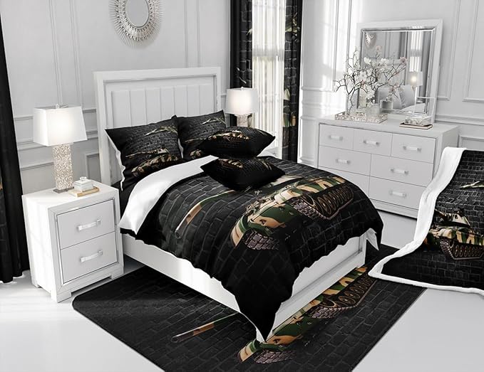 Manfei Tank Sheet Set King Size, Army Camo Tank Aircraft Bedding Set for Kids Boys Teen Room Decor, Grey Brick Wall Print Bed Sheet Set 4pcs with Deep Pocket Fitted Sheet + Flat Sheet + 2 Pillowcases
