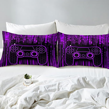 Geometric Gamepad Kids Sheet Full Size,Modern Neon Lights Honeycomb Hexagon Bedding Set,Boys Girls Room Decor,Videogames Gaming Controller Purple Bed Sheet Set 4pcs(Fitted + Flat + 2 Pillowcases)