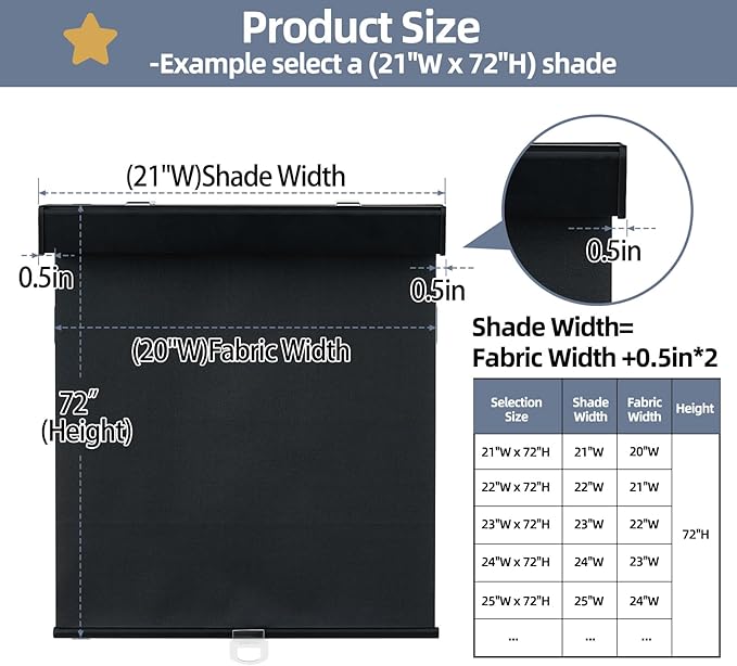 SHADEMOON Blackout Cordless Roller Shades for Windows,Free-Stop System Blind with Valance,Pull Down Room Darkening Indoor Shades,Thermal Insulated UV Blocking Fabric,Home Office(Black,67" W x 72" H)