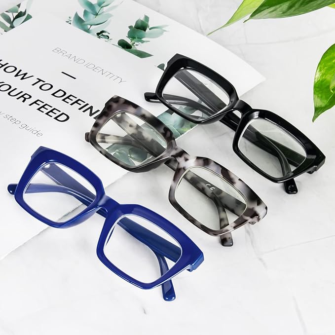 REAVEE 3 Pack Oprah Style Oversized Reading Glasses for Women Men Blue Light Blocking, Ladies Stylish RetroSquare Large Computer Readers (Black Blue Grey Leopard 2.5x)