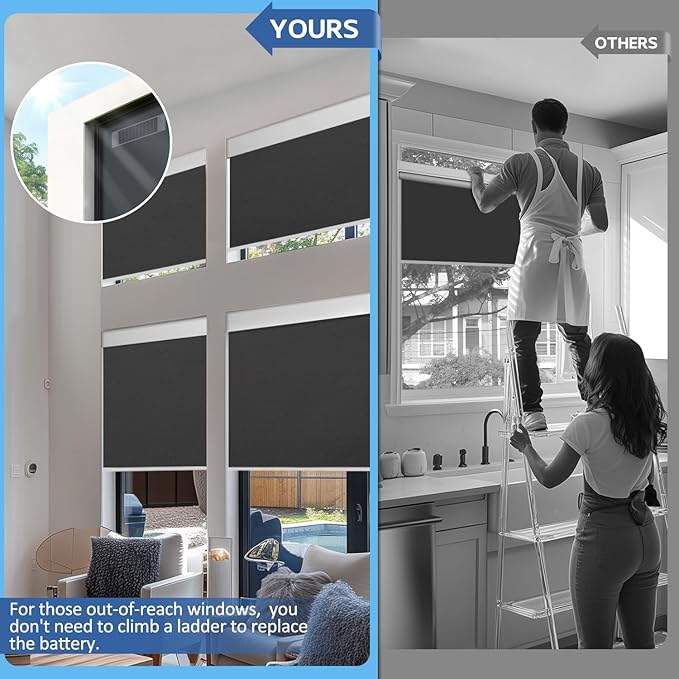 Motorized Blinds with Remote, Smart Blinds with Solar Panel, Thermal Blackout Electric Blinds, Automatic Blinds for Windows Compatible with Alexa, Black-46 x72