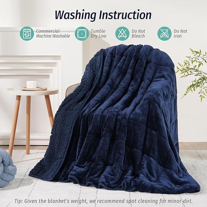 Wemore Sherpa Fleece Weighted Blanket for Adult, 20 lbs Dual Sided Cozy Fluffy Heavy Blanket, Ultra Fuzzy Throw Blanket with Soft Plush Flannel Top, 60 x 80 inches Navy Blue on Both Sides