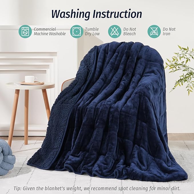 Wemore Sherpa Fleece Weighted Blanket for Adult, 15 lbs Dual Sided Cozy Fluffy Heavy Blanket, Ultra Fuzzy Throw Blanket with Soft Plush Flannel Top, 80 x 87 inches, Navy Blue on Both Sides