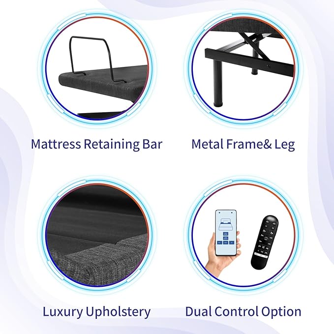 MUUEGM Full Adjustable Bed Frame with Thickened Frame, Head and Foot Lift, Head-Pillow-Tilt, Adjustable Beds with Smart APP Control, Massage, Zero Gravity, Anti-Snore, Wireless Remote,USB Ports