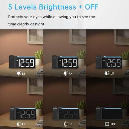 Peakeep Projection Alarm Clock for Bedroom Ceiling, Loud for Heavy Sleepers, RGB Nightlight Multi-Color Large Display 5 Brightness Dimmer, Plug in Bedside Electric LED Digital Clock with USB Port