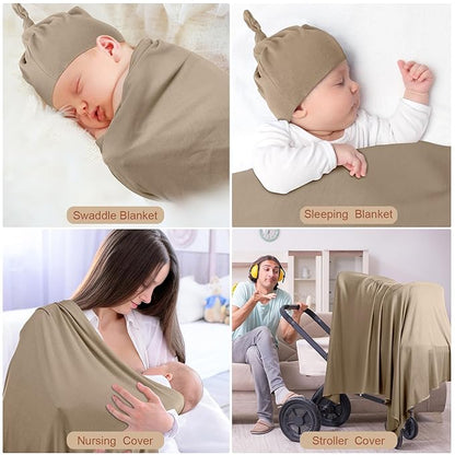 JaGely 2 Pcs Stretchy Baby Swaddle Blankets Set Extra Soft 47" x 47" Baby Newborn Swaddle Blanket and Hat(Apricot, Khaki)