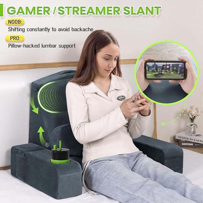 AS AWESLING 21 INCH Reading Pillow for Adults, Back Pillow for Bed Sitting Up, Backrest Pillow for Sitting in Bed, Detachable Arms with Built-in Cup & Phone Caddy (Dark Gray, 21 INCH)