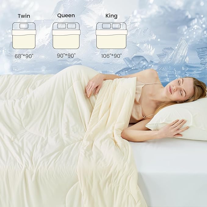 Cozy Bliss Deluxe Dual-Sided Cooling Comforter King Size, Ultra-Soft Lightweight Breathable Silky Cooling Blankets with Q-Max>0.45 for Bedroom, Hot Sleepers & Night Sweats, Snow Ivory, 106"x90"