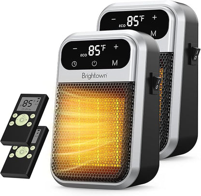 Brightown 2Pack Outlet Space Heater - 800W Plug in Heater with Remote and Touch LED Display, Small Electric Wall Heaters for Indoor Use with Adjustable Thermostat, 12H Timer for Home Office