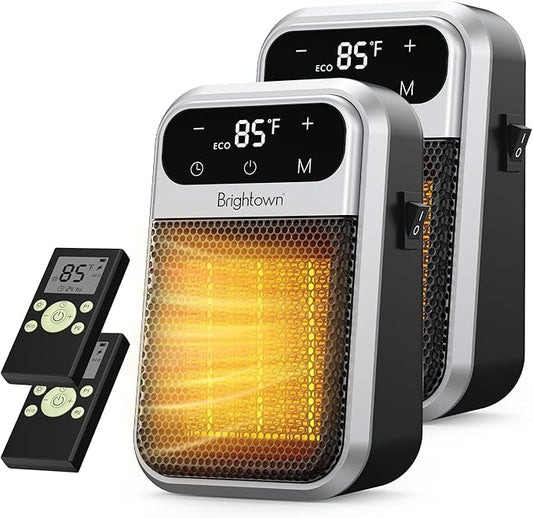 Brightown 2Pack Outlet Space Heater - 800W Plug in Heater with Remote and Touch LED Display, Small Electric Wall Heaters for Indoor Use with Adjustable Thermostat, 12H Timer for Home Office