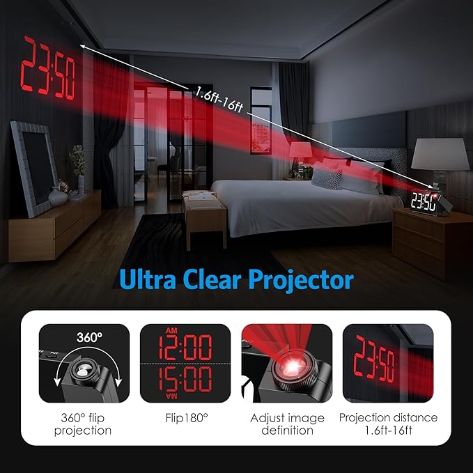 Digital Projection Alarm Clock for Bedroom Ceiling-Alarm Clocks with 180°Projector, 5 Level Brightness, DST, Snooze, Night Mode, Loud Alarms for Kids,Heavy Sleepers, 12/24H, for Bedroom