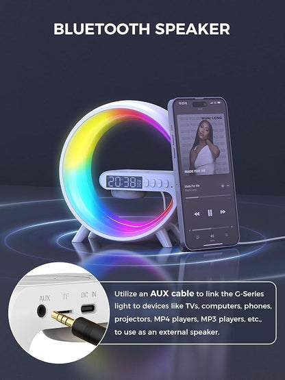 Smiling Shark Wake Up Light, Atmosphere Desk Light with 15W Wireless Charger & Bluetooth Speaker Button Control 10 Lights Mode Sunrise Simulation Alarm Clock Smart Light for Home Decor Bedroom