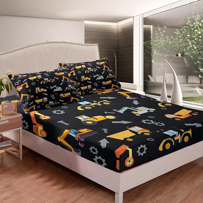 Engineering Vehicle Fitted Sheet Full Size,Construction Bedding Excavator Truck Bedding All-Round Elastic Pocket,Cartoon Yellow Car Kids Bed Sheet 3 Pieces Fits Mattress