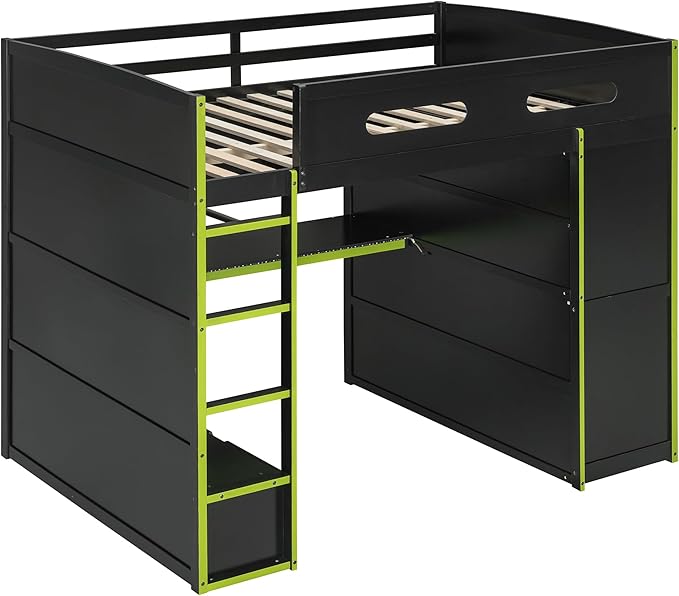 GOWE Full Size Wood Loft Bed with Desk,Wardrobe,Ample Storage Space,and RGB Light, Green(Old SKU:LT000261AAG)