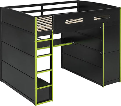 GOWE Full Size Wood Loft Bed with Desk,Wardrobe,Ample Storage Space,and RGB Light, Green(Old SKU:LT000261AAG)