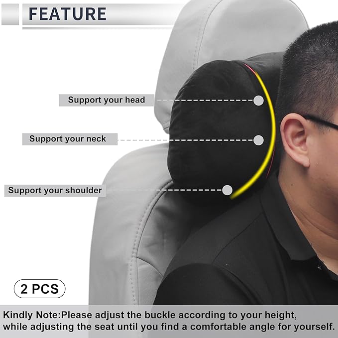 Car Headrest Pillow Ergonomic Comfortable Neck Pillow Neck Support Pillow Flannel, Memory Foam Adjustable Width Black 2 Pcs for Driving Travel