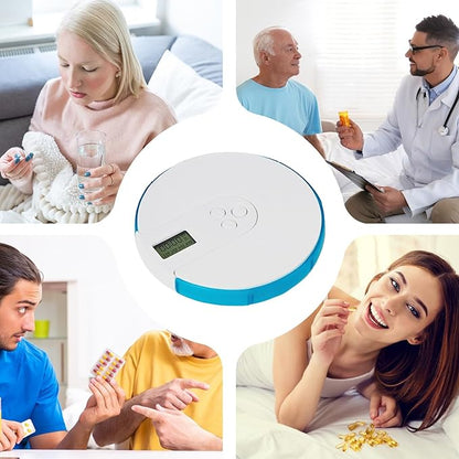 Smart Pill Box, Round Reminder Alarm, Automatic Pill Dispenser, Up to 4 Alarms Day, 7 Day Pills Organizer with Large Digital Display for Home Office