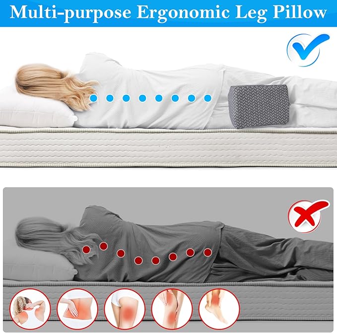BlissTrends Memory Foam Knee Pillow, Knee Pillow for Side Sleepers, Leg Pillows for Sleeping Blood Circulation, Elevation Pillow for Spine Aligning, Sciatica, Hip, Knee, Ankle Pain, Grey, Medium