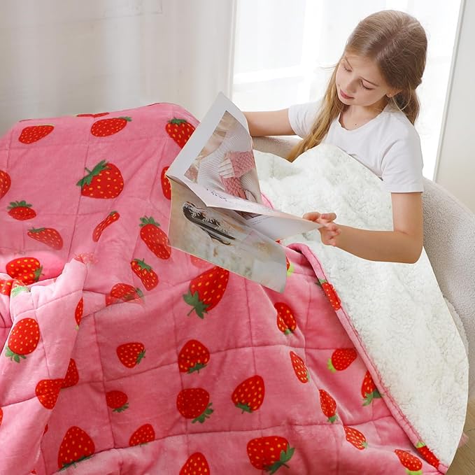 Aemicion Strawberry Pink Weighted Blanket for Kids Gilrs,Cozy Sherpa Fleece Heavy Blanket 10lbs,48"x72" Twin Size Weighted Throw Blanket, Machine Washable